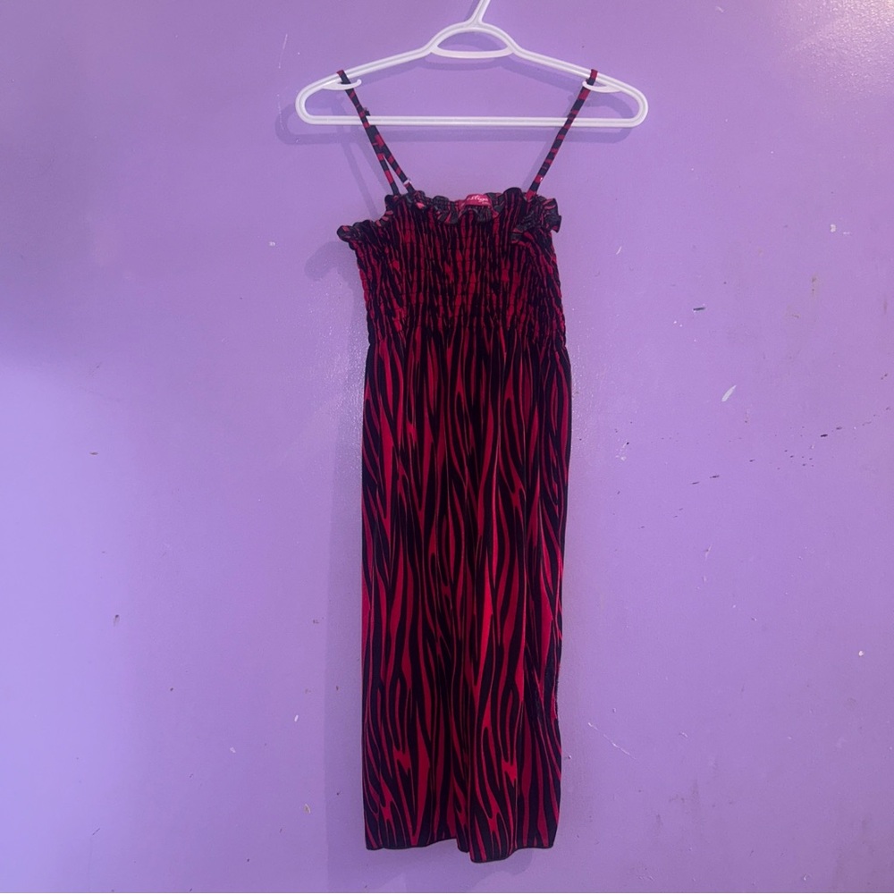 Prestige Zebra Print Red & Black Smocked Midi Slip Dress